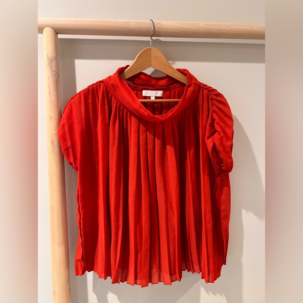 Nicole Farhi bright orange red pleated boat neck swing blouse sz EU 34 US 4
